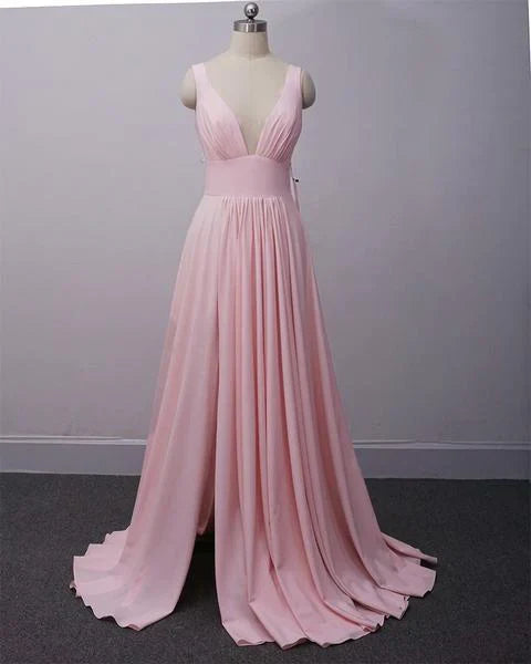 Charming A-line V-Neck Pleated Slit Pink Long Bridesmaid Dress For Women