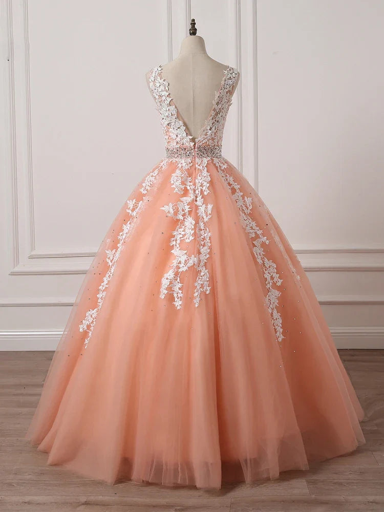 Charming A-line V-Neckline Lace Applique Beaded Coral Prom Dress Princess