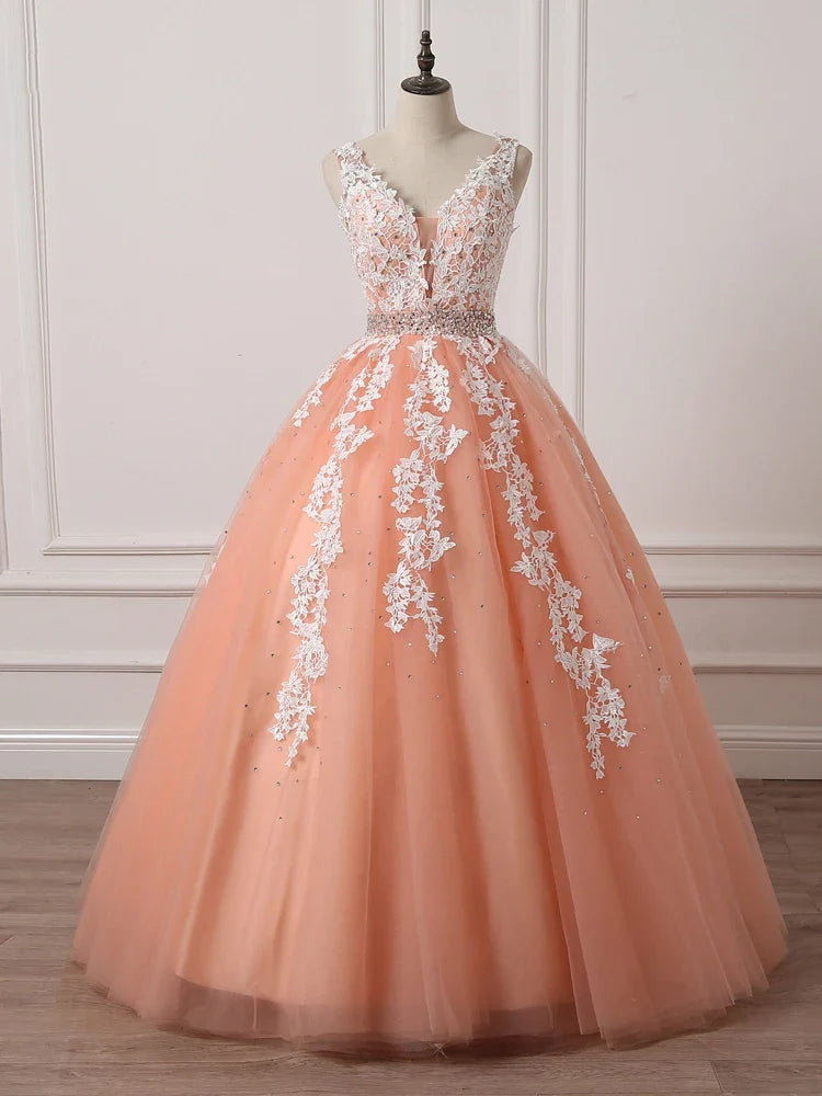 Charming A-line V-Neckline Lace Applique Beaded Coral Prom Dress Princess