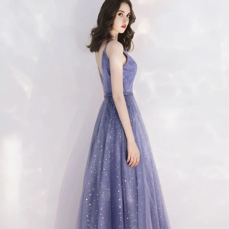 Charming A-line V-Neckline Sequins Tulle Purple Long Prom Dress