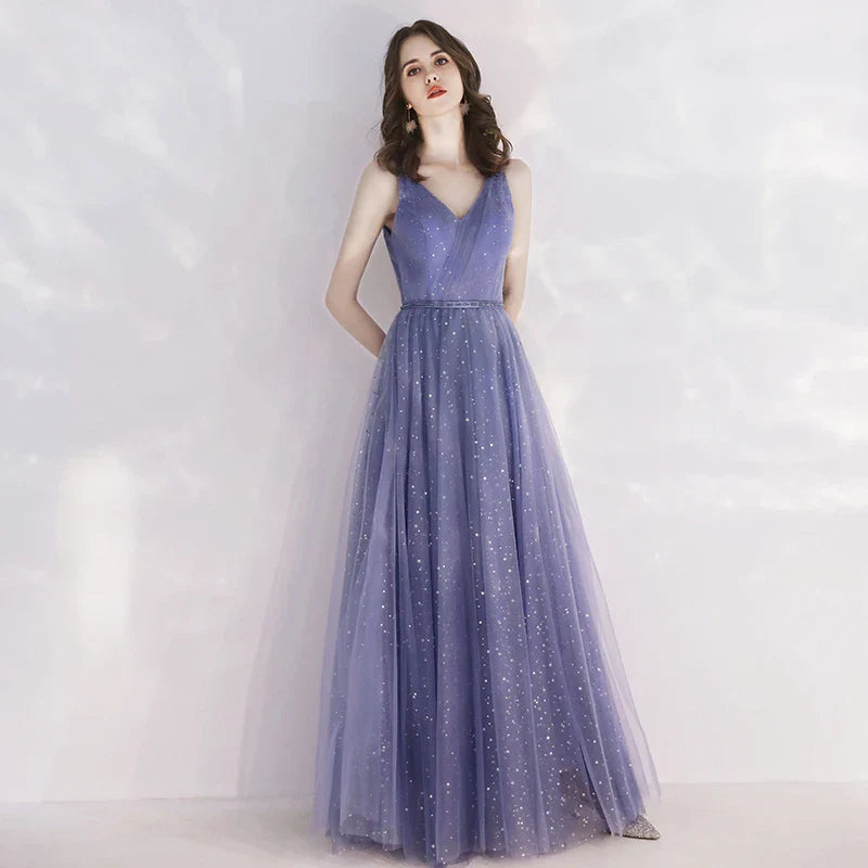 Charming A-line V-Neckline Sequins Tulle Purple Long Prom Dress