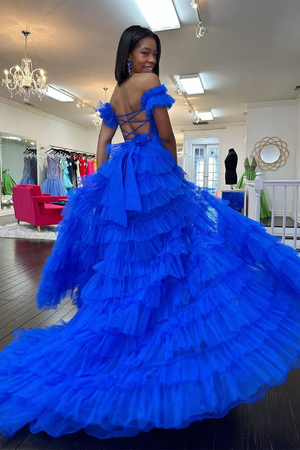Charming A Line Off Shoulder Ruffles Corset Red Floor Length Prom Dress