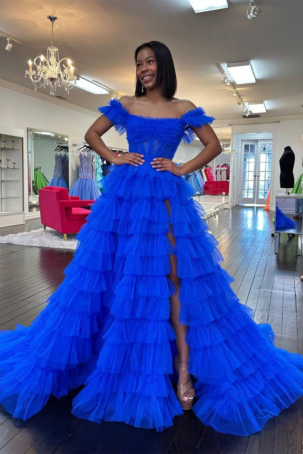 Charming A Line Off Shoulder Ruffles Corset Red Floor Length Prom Dress