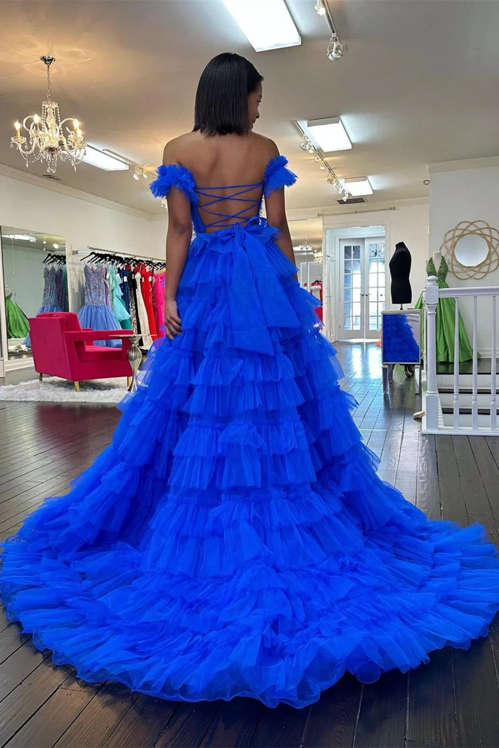 Charming A Line Off Shoulder Ruffles Corset Red Floor Length Prom Dress
