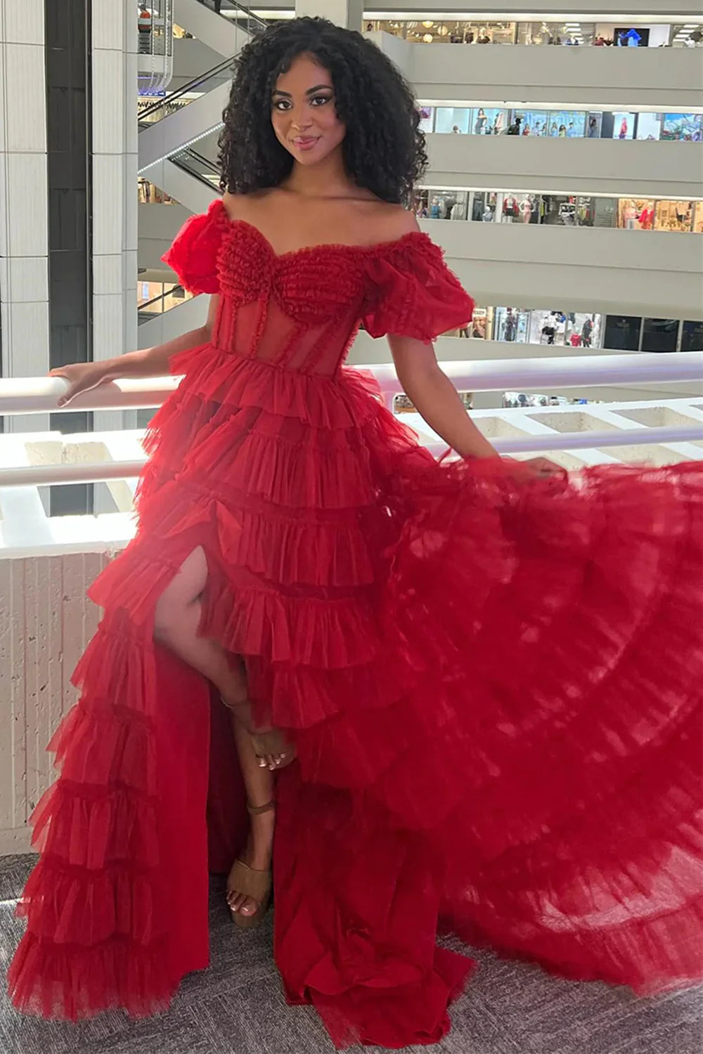 Charming A Line Off Shoulder Ruffles Corset Red Floor Length Prom Dress