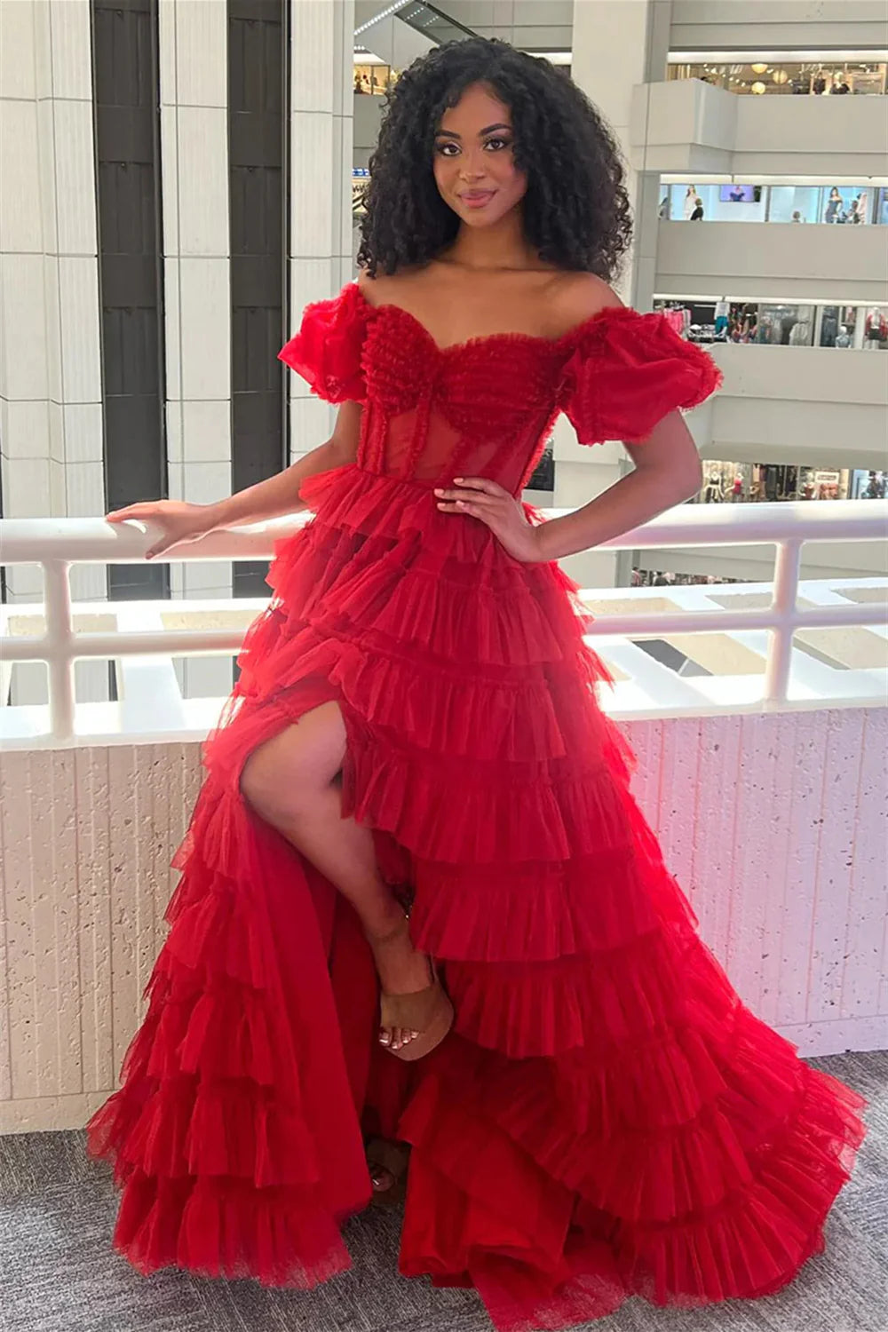 Charming A Line Off Shoulder Ruffles Corset Red Floor Length Prom Dress