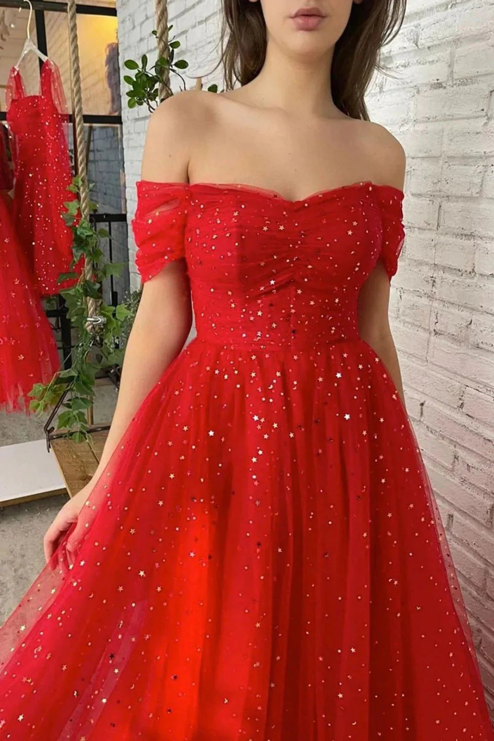Charming A Line Off the Shoulder Sequins Red Long Prom Dress