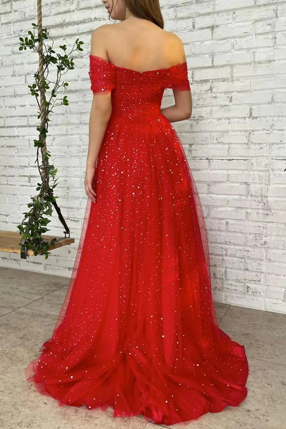 Charming A Line Off the Shoulder Sequins Red Long Prom Dress
