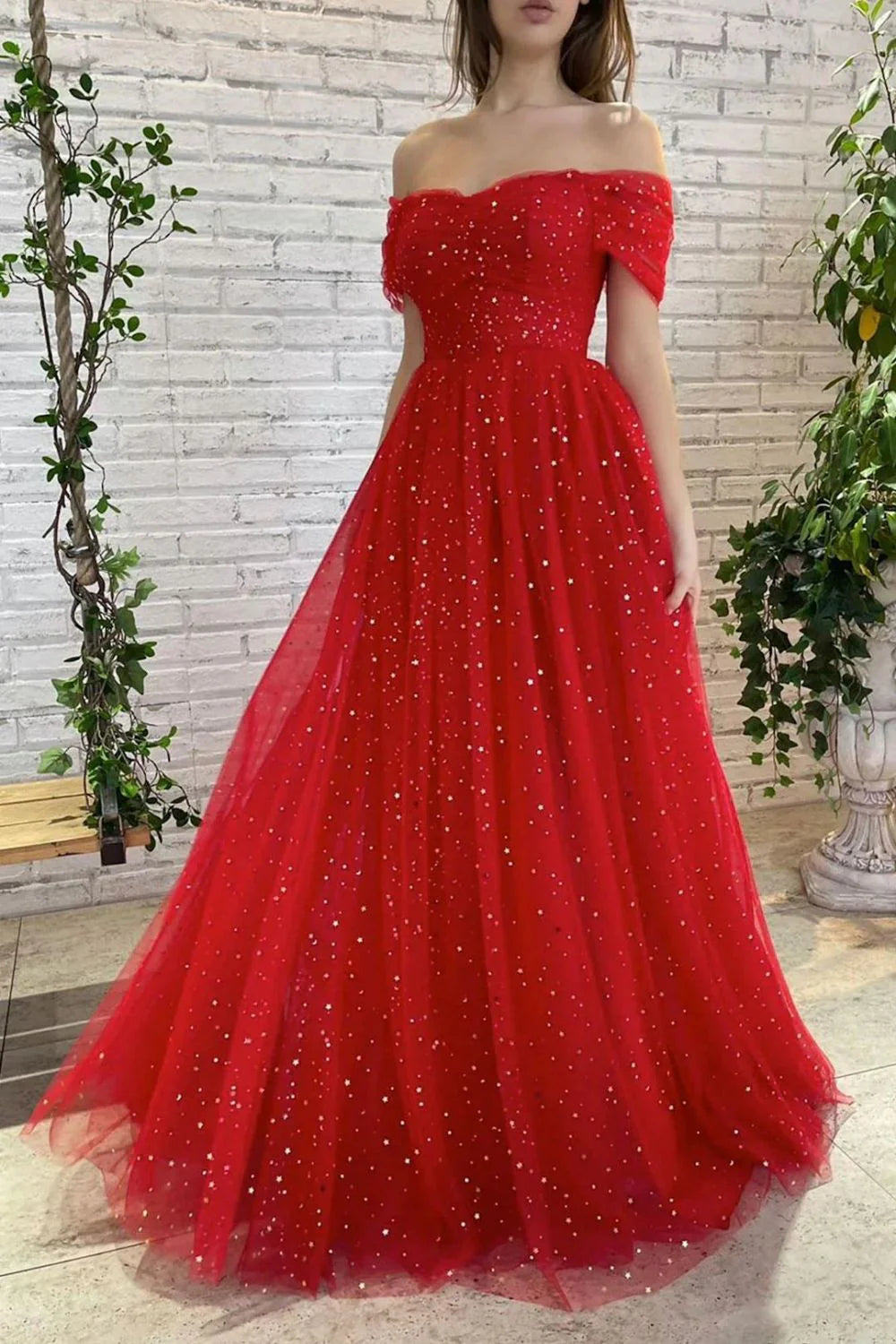 Charming A Line Off the Shoulder Sequins Red Long Prom Dress