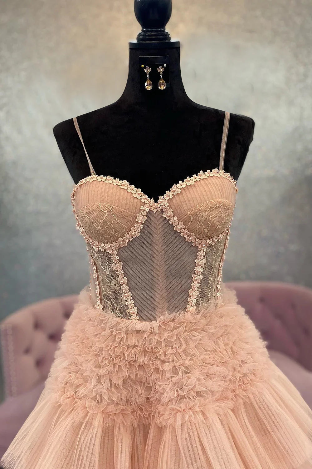 Charming A Line Spaghetti Straps Applique Tiered Corset Light Pink Prom Dress