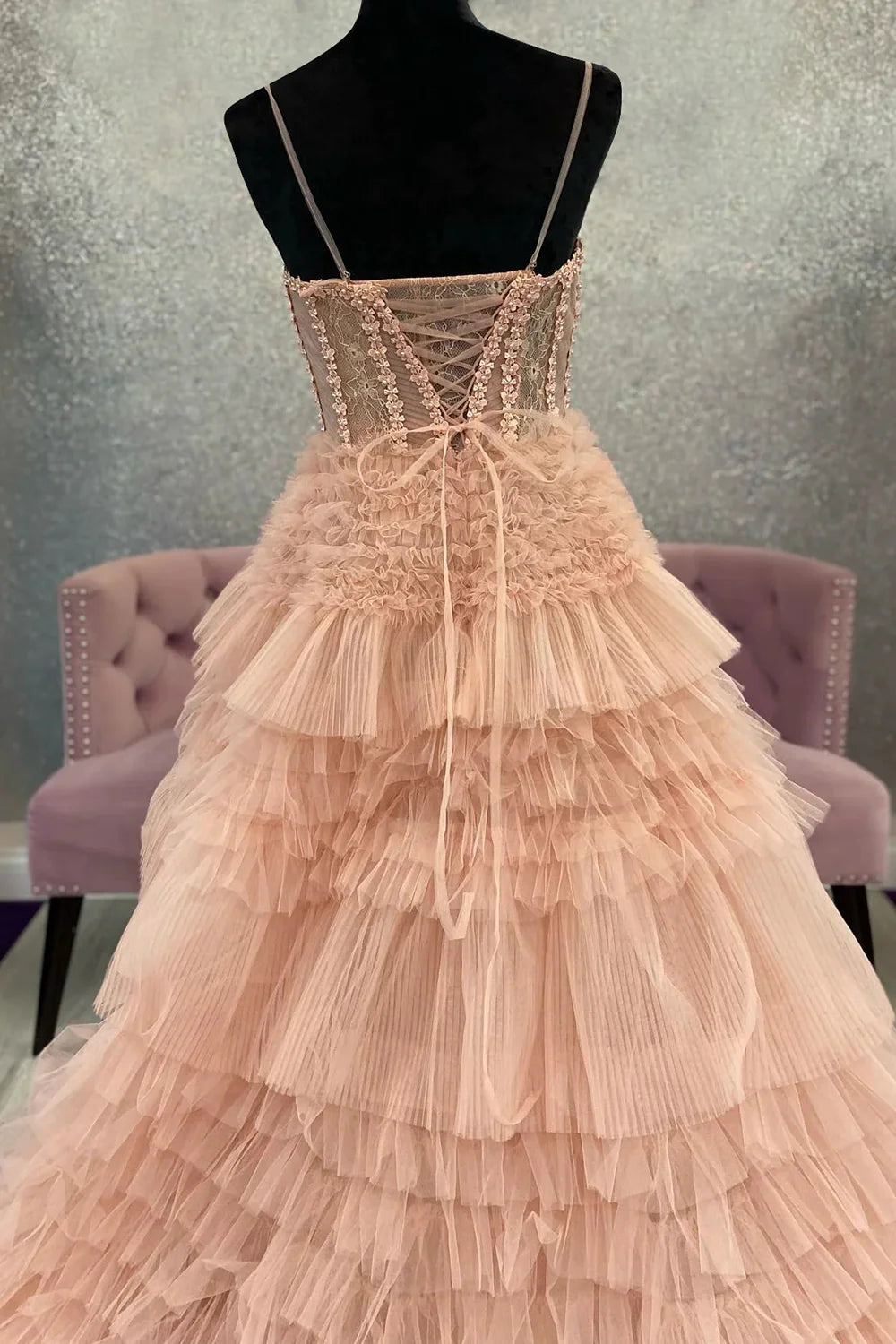 Charming A Line Spaghetti Straps Applique Tiered Corset Light Pink Prom Dress
