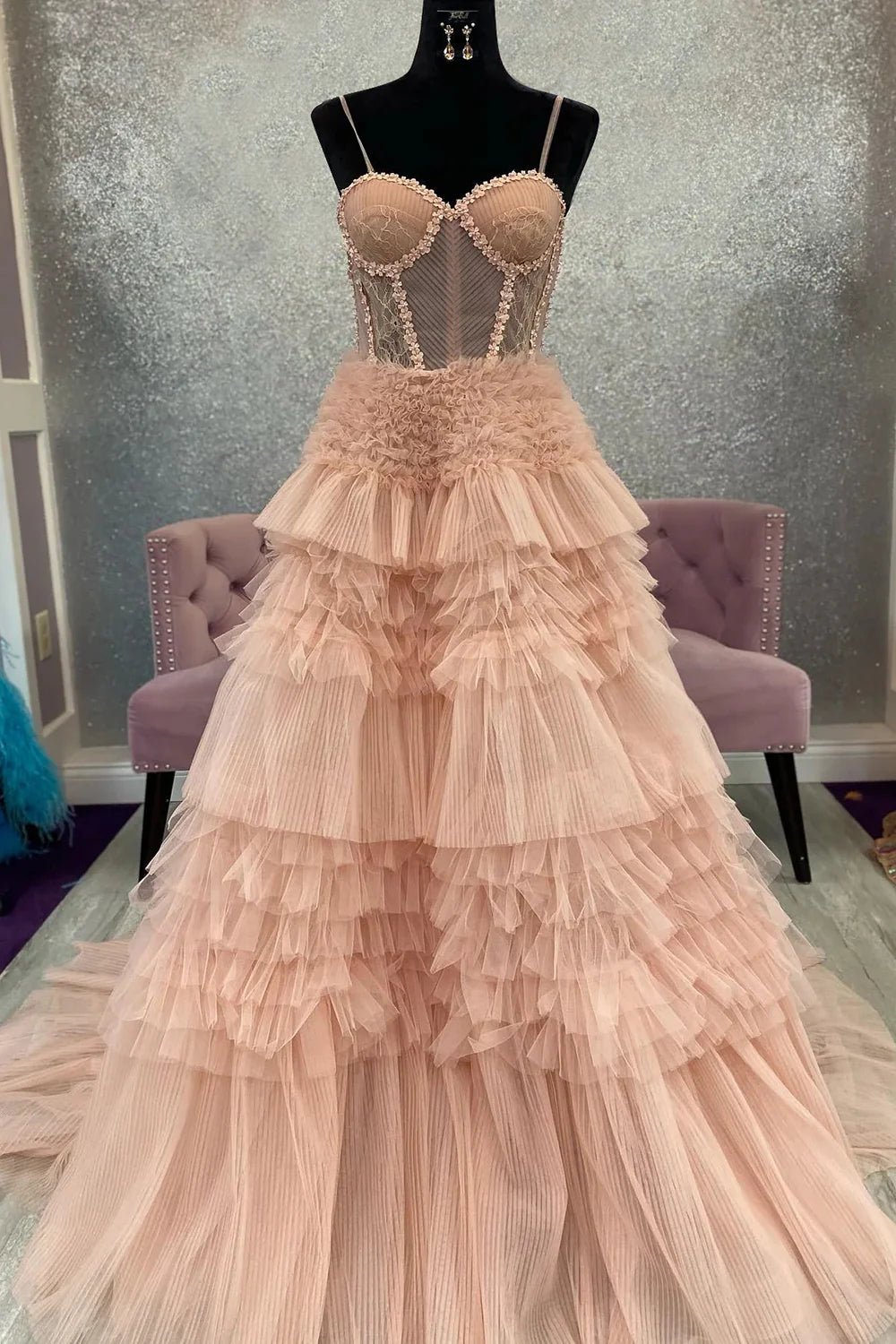 Charming A Line Spaghetti Straps Applique Tiered Corset Light Pink Prom Dress