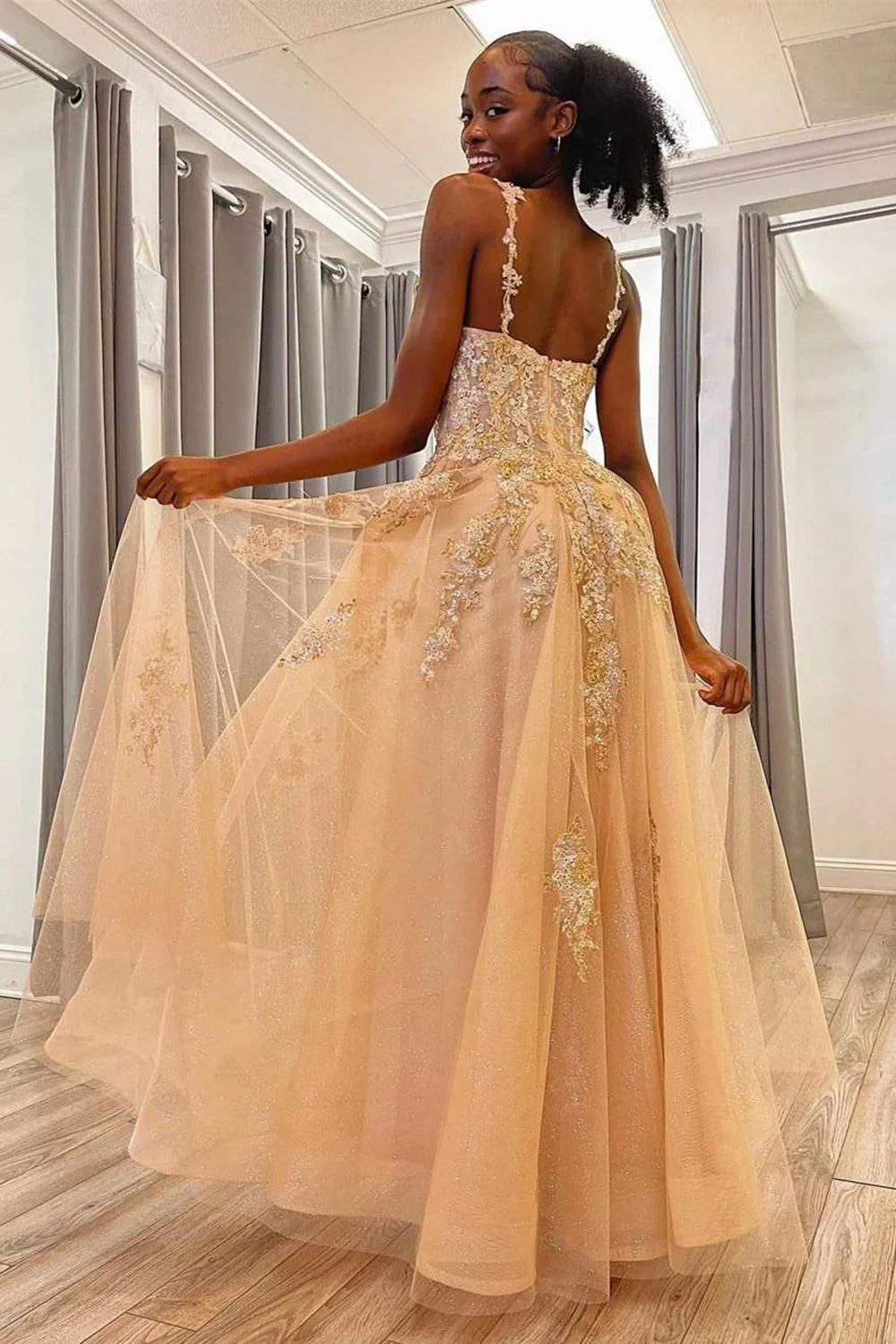 Charming A Line Spaghetti Straps Appliques Champagne Floor Length Prom Dress
