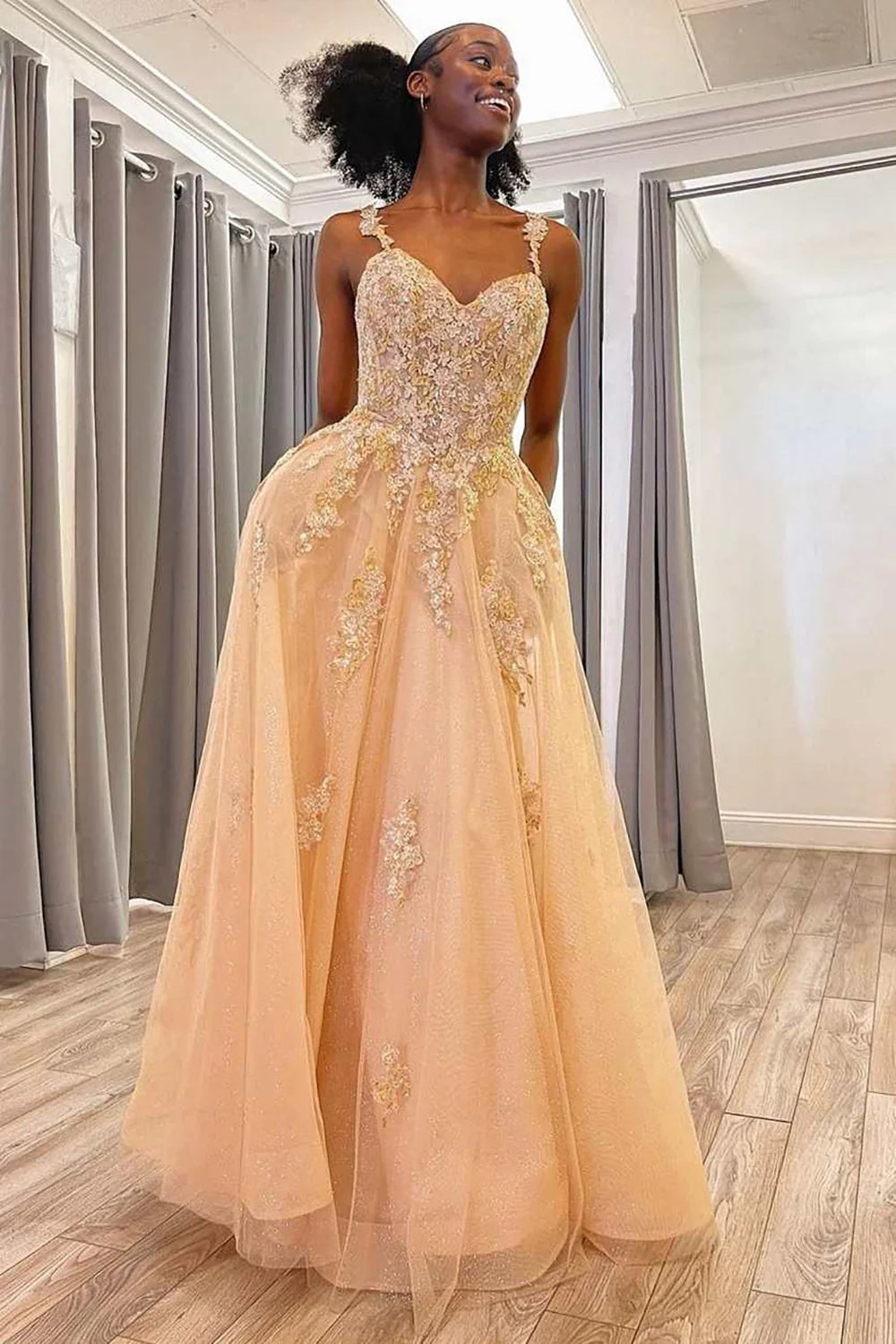 Charming A Line Spaghetti Straps Appliques Champagne Floor Length Prom Dress