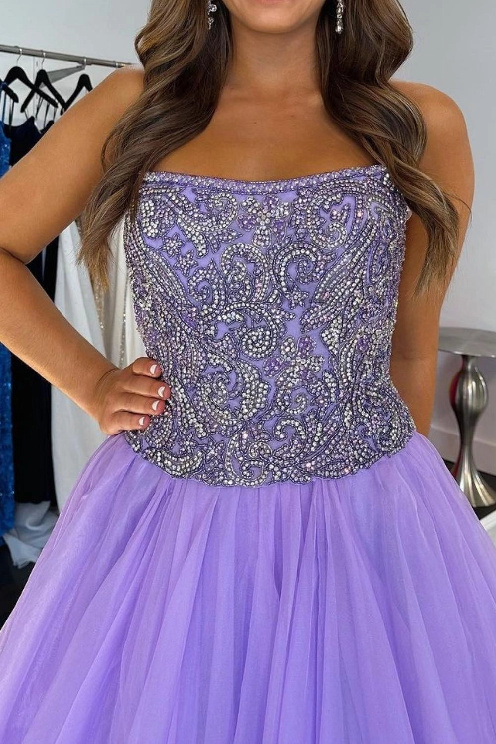 Charming A Line Strapless Beading Tulle Purple Floor Length Prom Dress