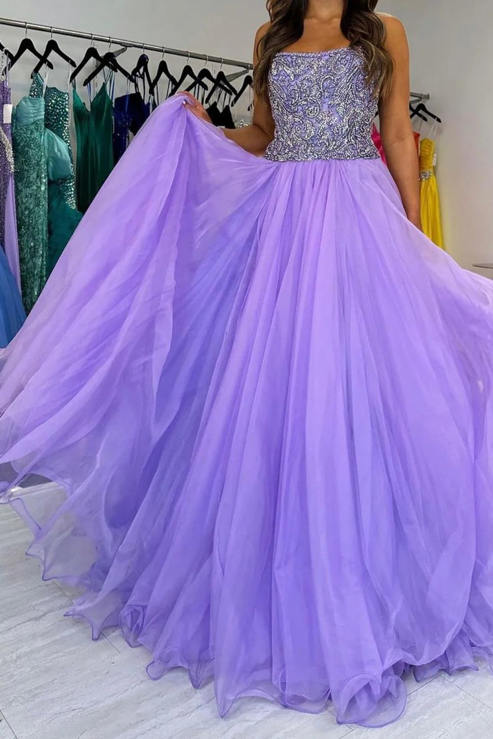 Charming A Line Strapless Beading Tulle Purple Floor Length Prom Dress