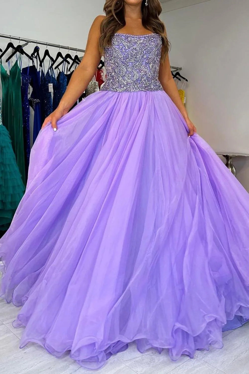 Charming A Line Strapless Beading Tulle Purple Floor Length Prom Dress