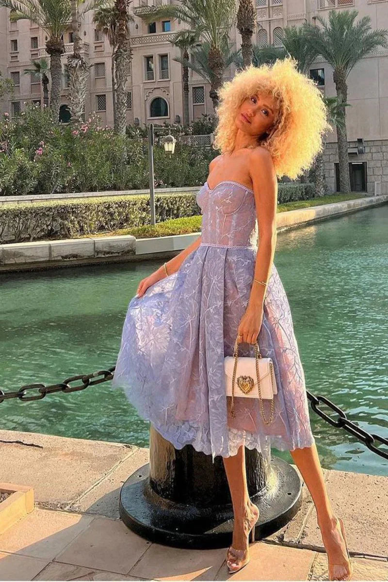 Charming A Line Sweetheart Appliques Tulle Lilac Homecoming Party Dress