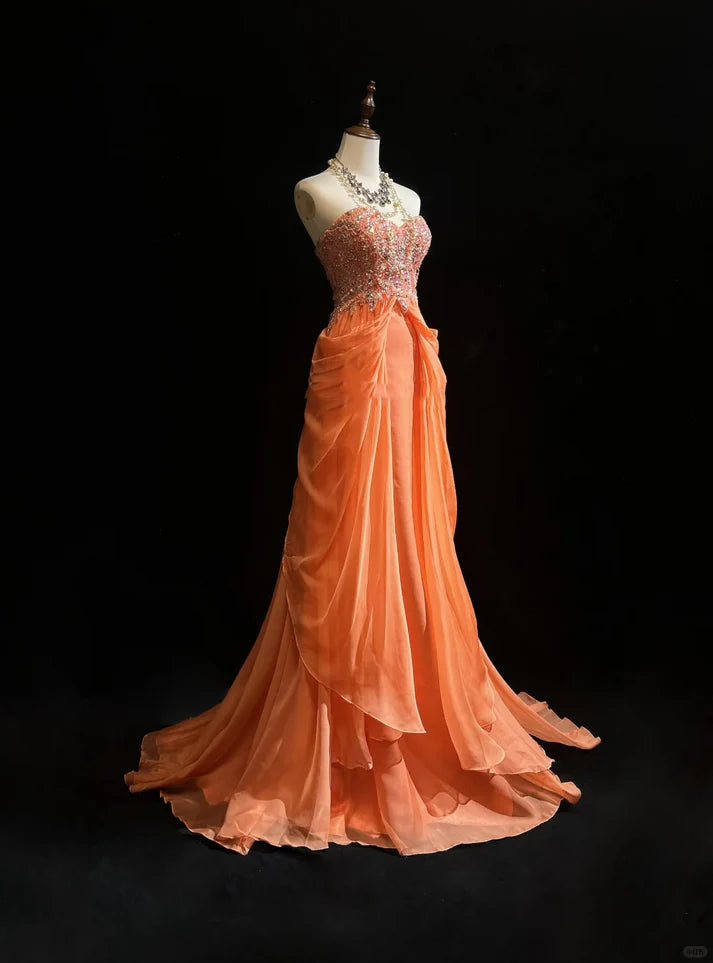 Charming A Line Sweetheart Chiffon Orange Long Prom Dress Evening Dress