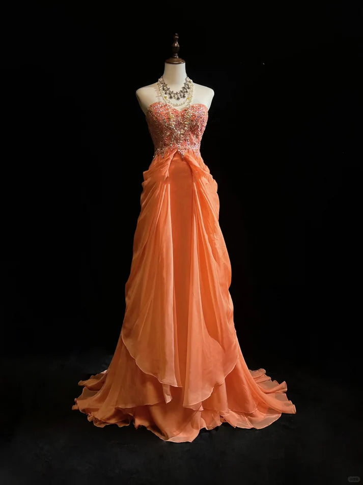 Charming A Line Sweetheart Chiffon Orange Long Prom Dress Evening Dress