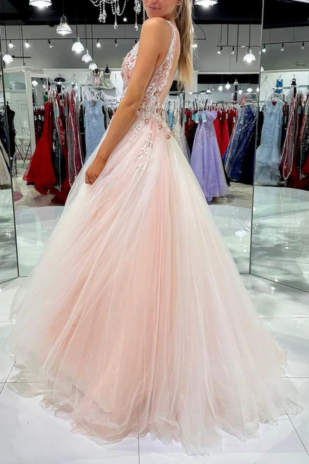 Charming A Line V Neck Appliques Backless Blush Floor Length Prom Dress