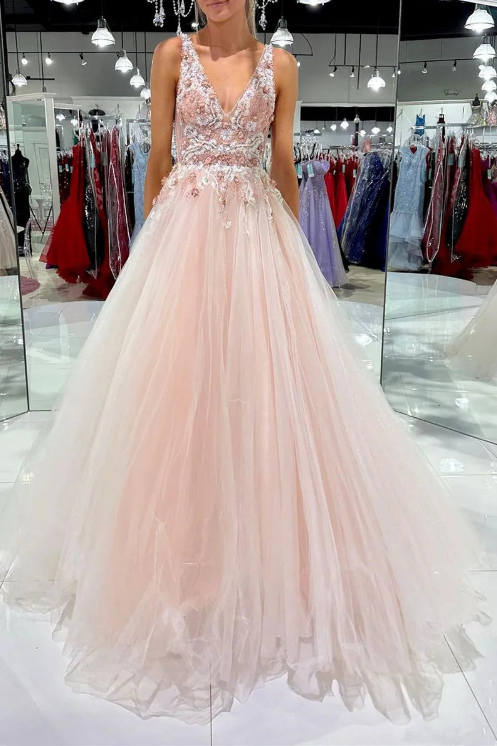 Charming A Line V Neck Appliques Backless Blush Floor Length Prom Dress