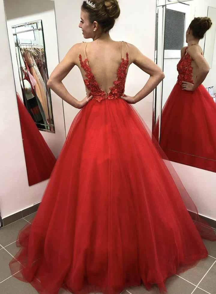 Charming A Line V Neck Appliques Tulle Red Long Prom Dress