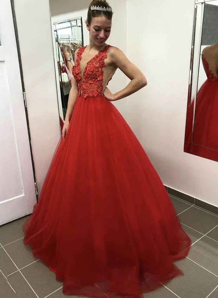 Charming A Line V Neck Appliques Tulle Red Long Prom Dress