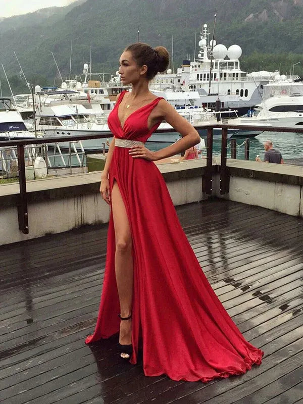 Charming A Line V Neck Beaded Belt Red Maxi Prom Dress With Slit