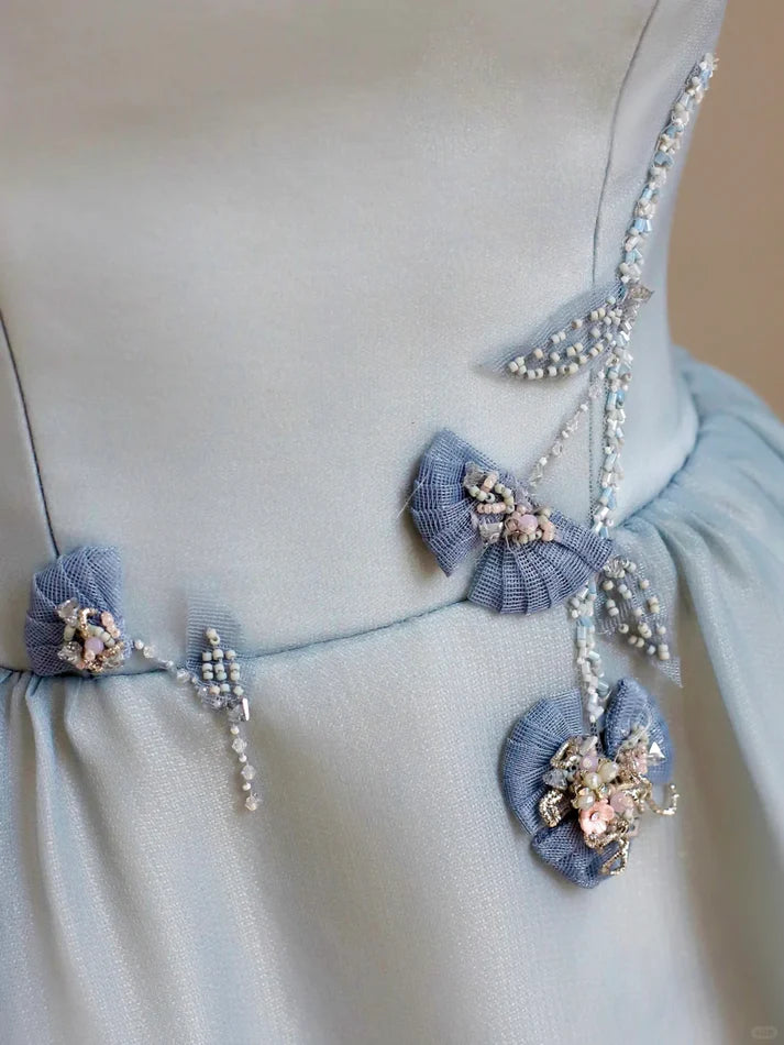 Charming Ball Gown Strapless Beaded Blue Birthday Outfits Evening Dress