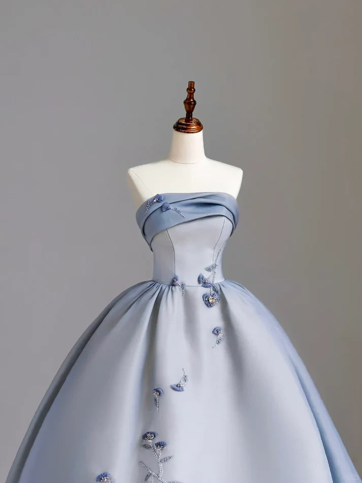 Charming Ball Gown Strapless Beaded Blue Birthday Outfits Evening Dress