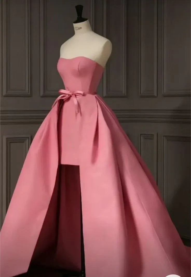 Charming Ballgown Strapless Bow-Detail Satin Pink Floor-Length Prom Dress for Women