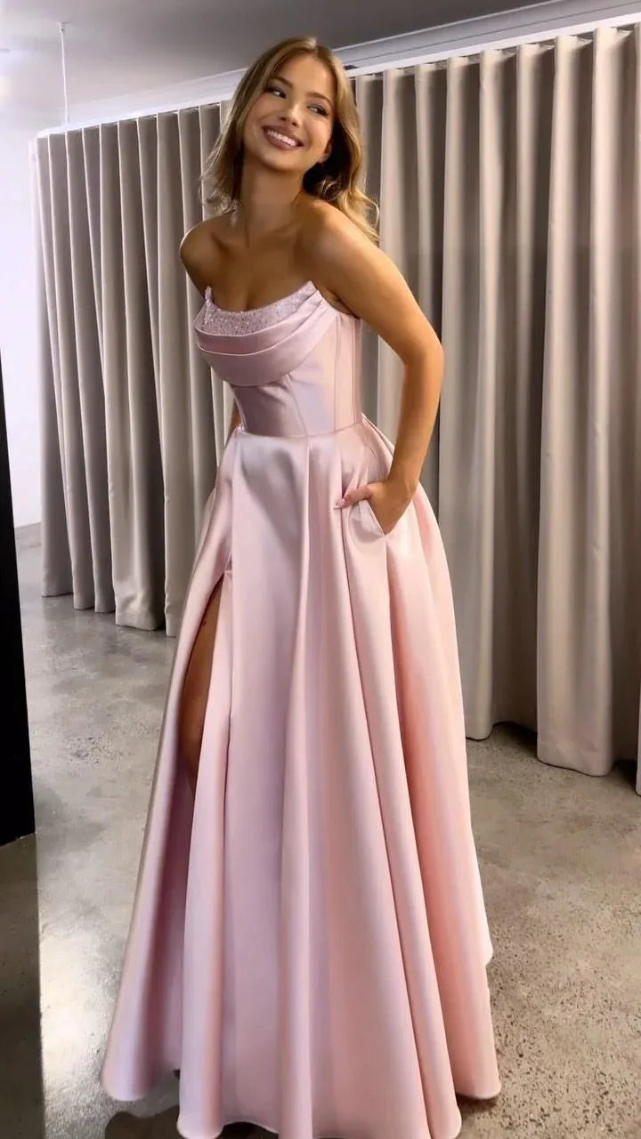Charming Strapless Sleeveless Lace-Up Satin Blush Maxi Prom Dress With Pocket