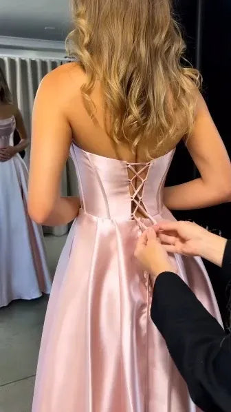 Charming Strapless Sleeveless Lace-Up Satin Blush Maxi Prom Dress With Pocket