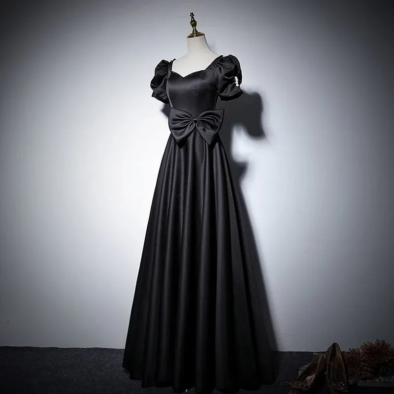 Charming Ballgown Sweetheart Short-Sleeve Bow-Accented Satin Black Maxi Evening Dress for Women