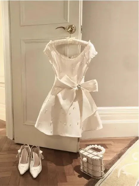 Charming Fit-and-Flare Square Neck Short Sleeve Pearl Satin Ivory Mini Prom Dress