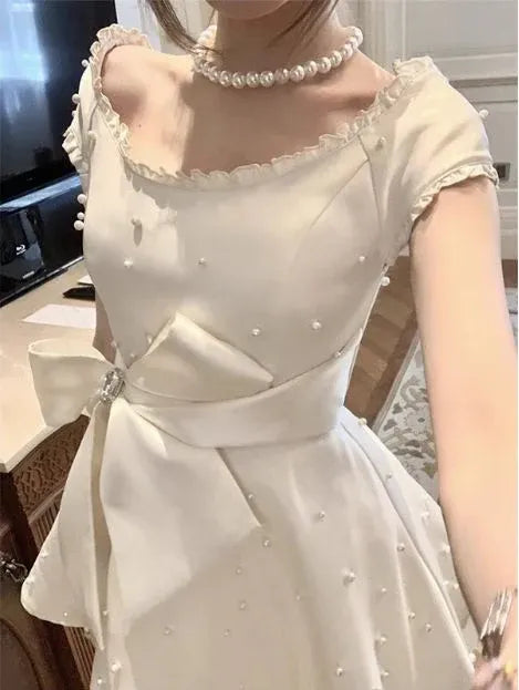 Charming Fit-and-Flare Square Neck Short Sleeve Pearl Satin Ivory Mini Prom Dress