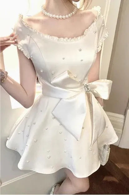Charming Fit-and-Flare Square Neck Short Sleeve Pearl Satin Ivory Mini Prom Dress
