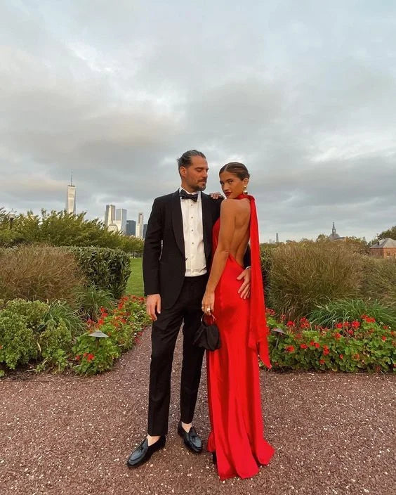 Charming Halter Backless Slit Satin Red Long Prom Dress With Slit