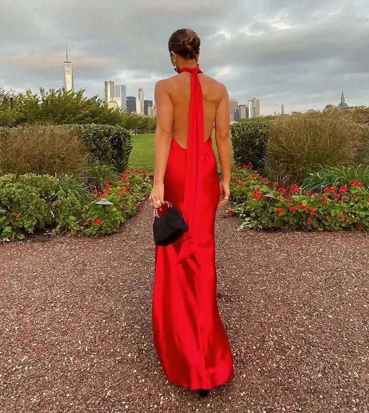 Charming Halter Backless Slit Satin Red Long Prom Dress With Slit