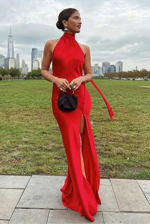 Charming Halter Backless Slit Satin Red Long Prom Dress With Slit