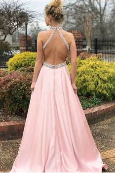 Charming High Neck Beaded Open Back Pink Long Prom Dress Evening Dress