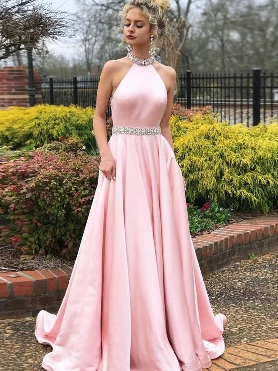 Charming High Neck Beaded Open Back Pink Long Prom Dress Evening Dress
