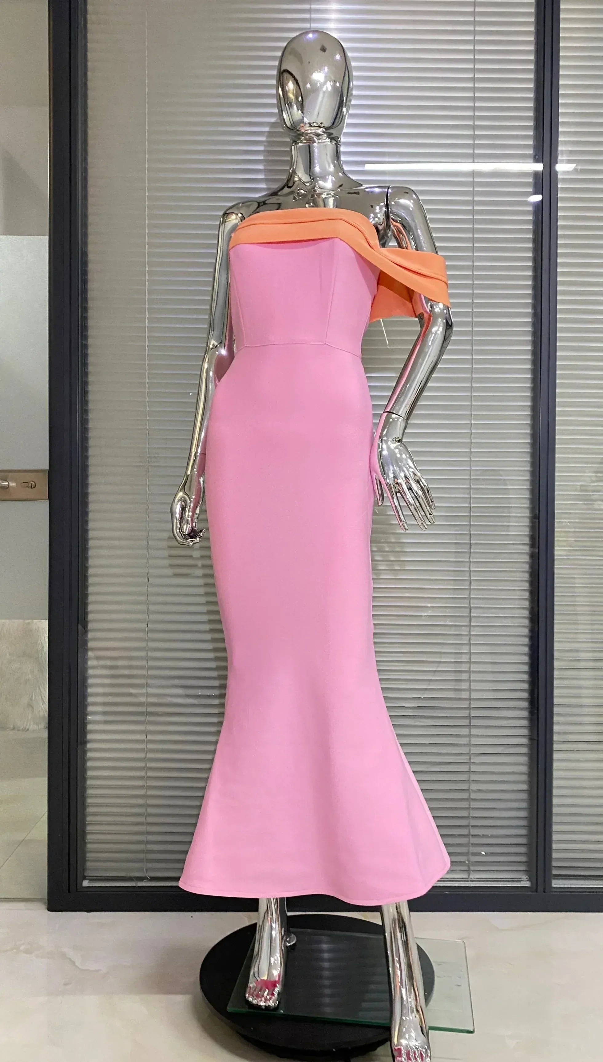 Charming Mermaid Off-Shoulder Ruched Trumpet Pink Tea Length Prom Dress