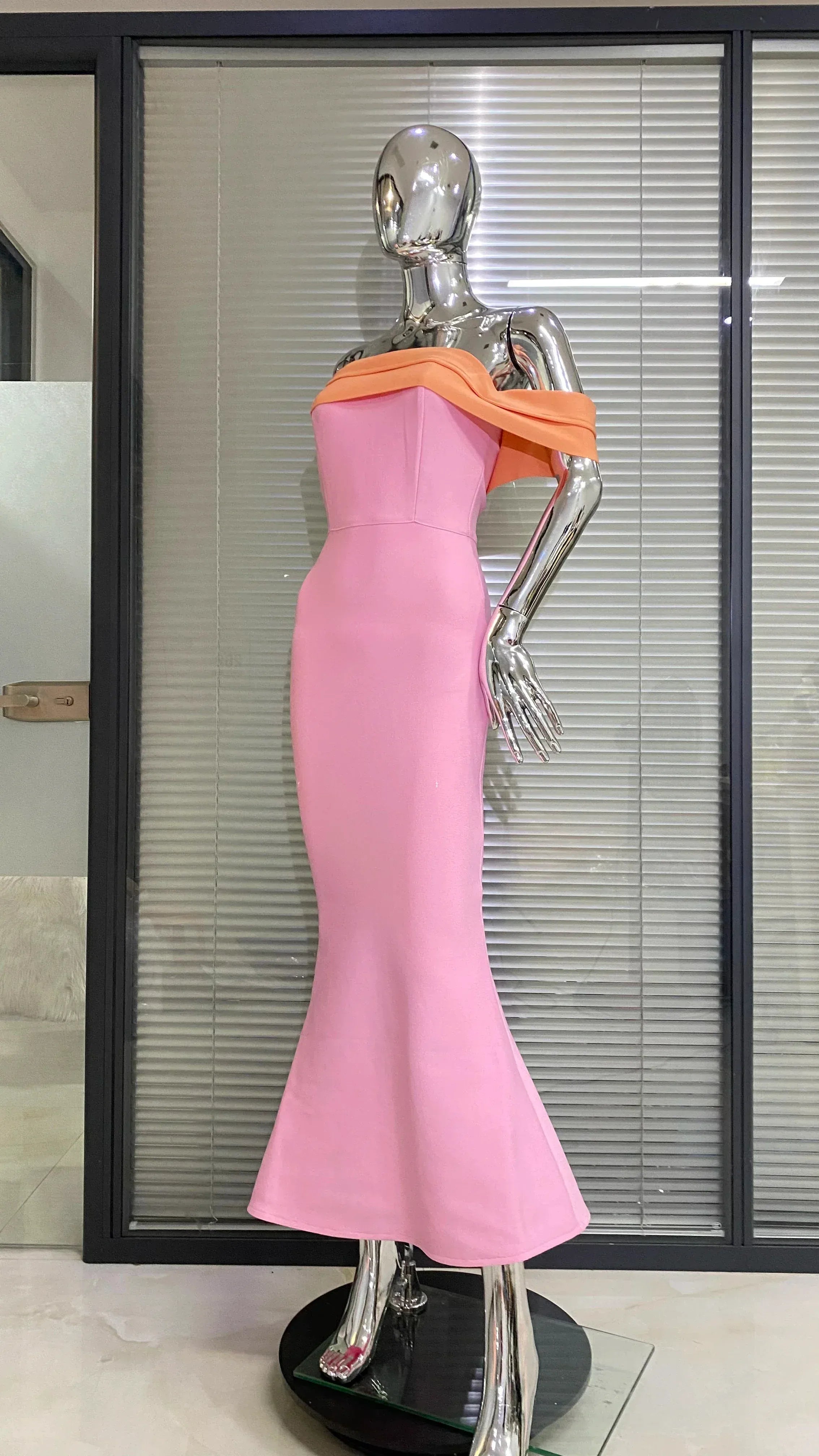 Charming Mermaid Off-Shoulder Ruched Trumpet Pink Tea Length Prom Dress