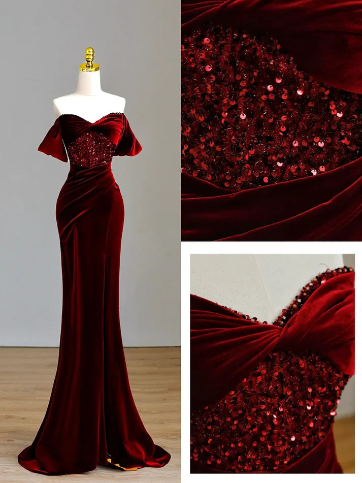 Charming Mermaid Off-The-Shoulder Velvet Burgundy Long Prom Dress Evening Dress