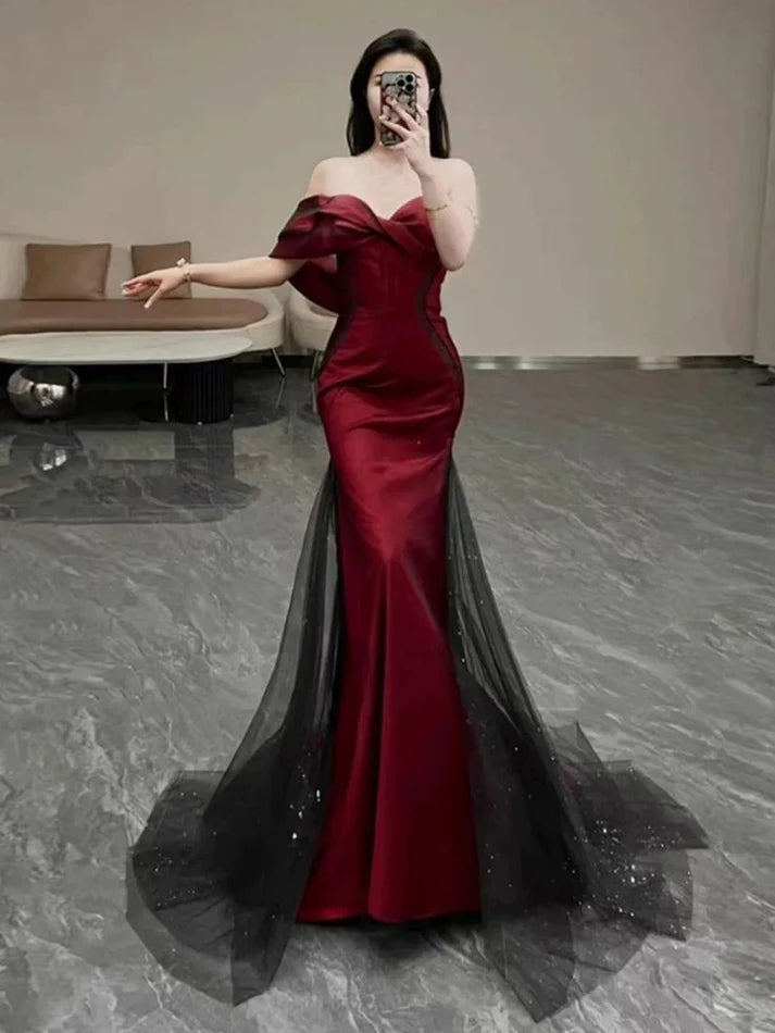 Charming Mermaid Off The Shoulder Tulle Satin Burgundy Long Evening Dress