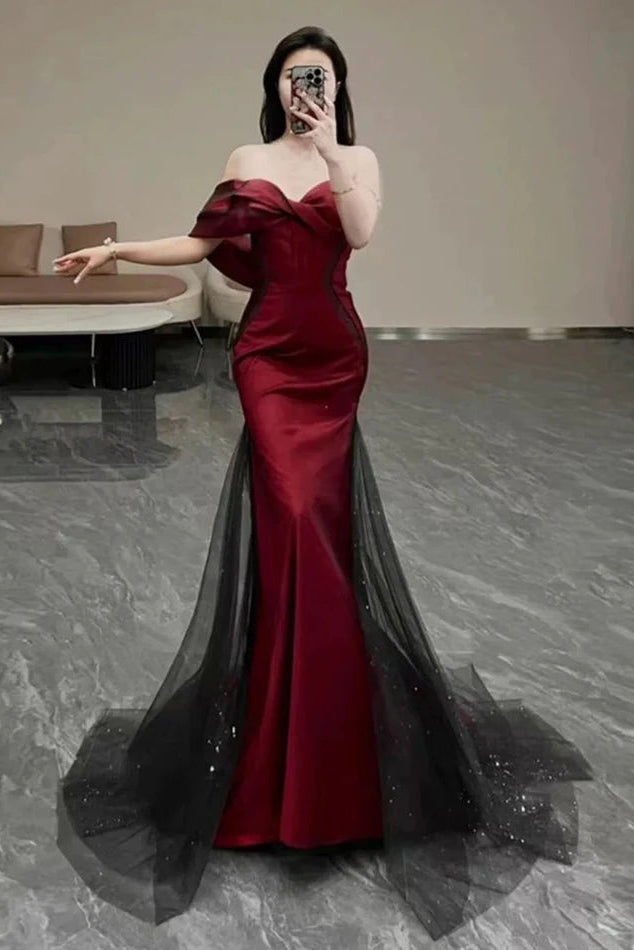 Charming Mermaid Off The Shoulder Tulle Satin Burgundy Long Evening Dress
