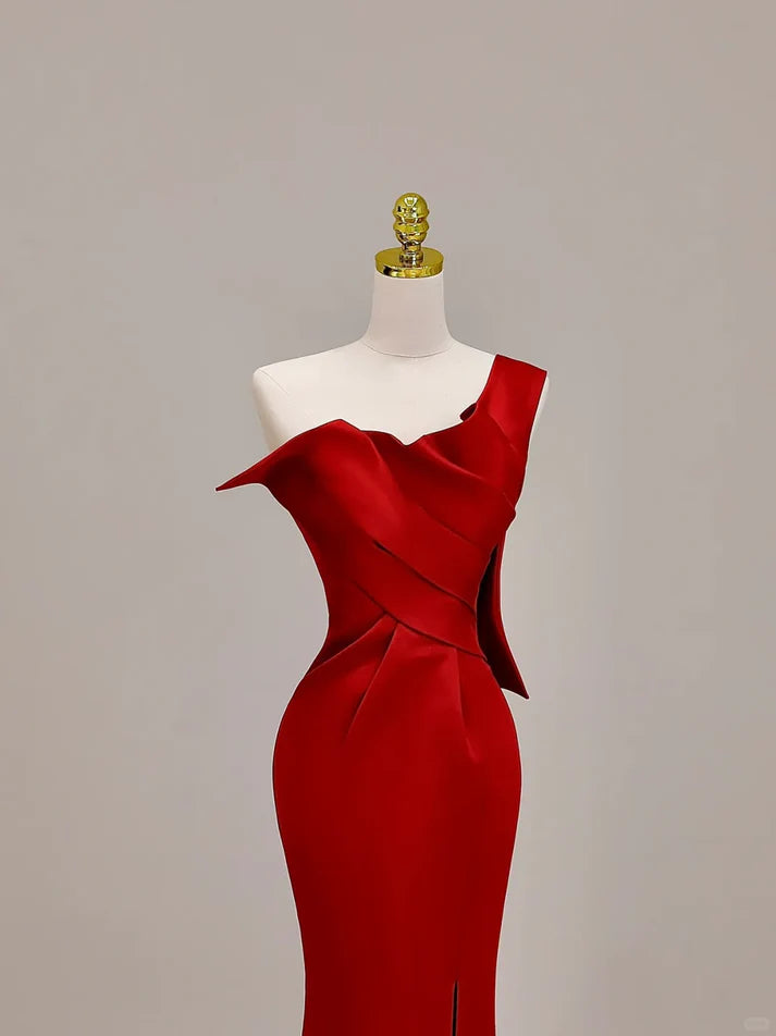 Charming Mermaid One Shoulder Satin Red Prom Dress Evening Dress