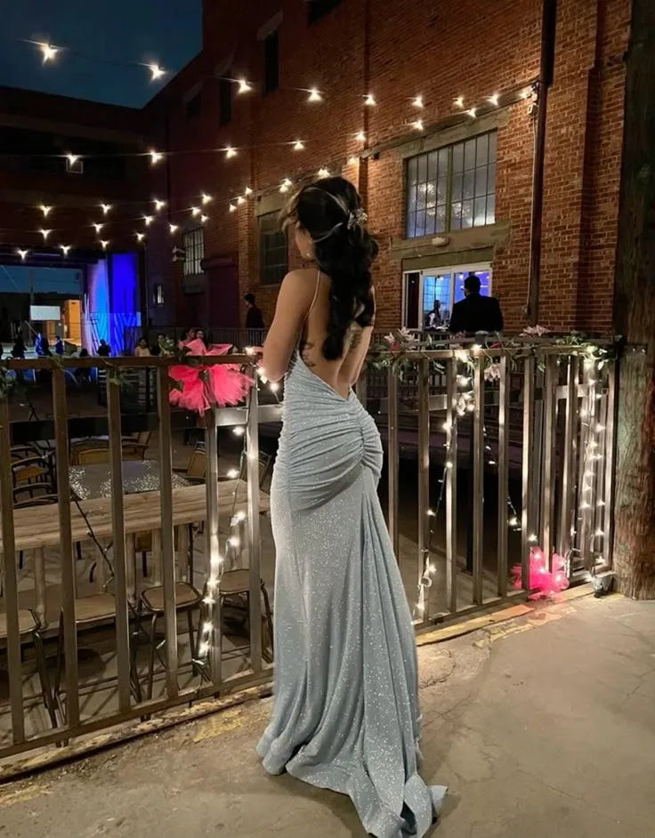 Charming Mermaid Spaghetti Strap Ruched Glitter Light Blue Prom Dress With Train